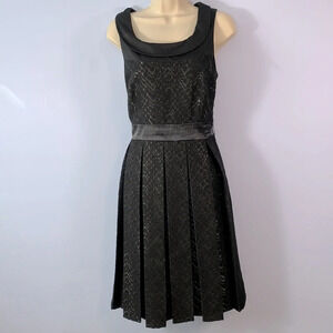 DEMOISELLE size 6 jacquard pleated midi dress black satin waist scoop neck